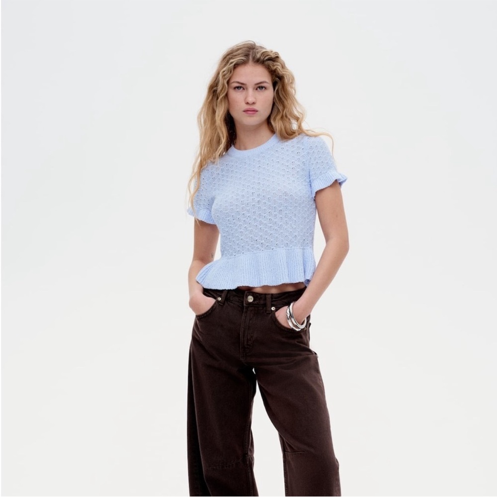 H&M Divided Blue Short Sleeve Peplum Flounce Pointelle-Knit Sweater Top Women S